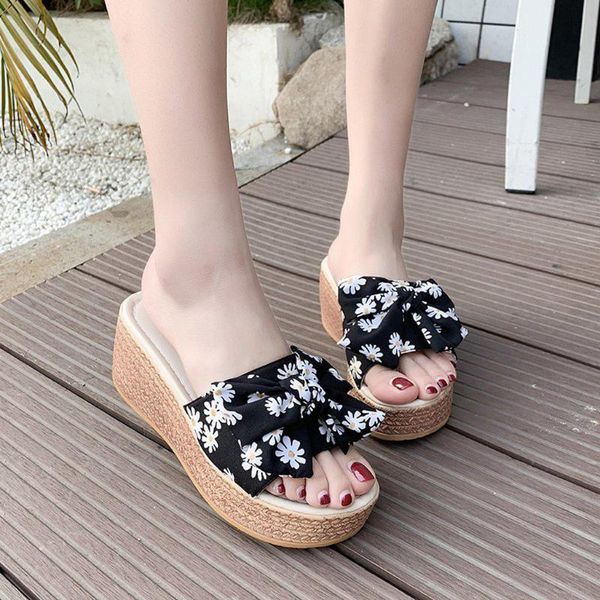 

bow tie wedge slippers woman platform slippers summer beach shoes buty damskie ladies shoes women summer flip flops, Black