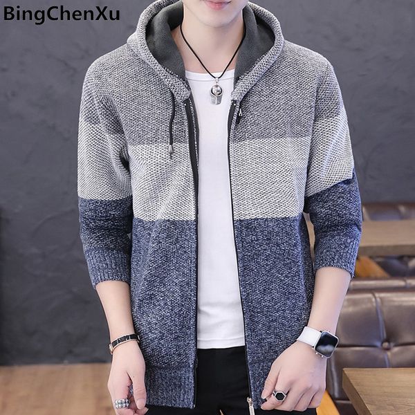 

men's sweaters sweater coat male jacket thick warm hooded knitwear striped sweatercoat cardigans men clothing 9985, White;black