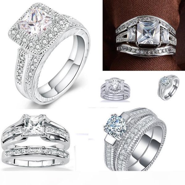 

5 styles vintage brand jewelry women's 10kt white gold filled white sapphire cz crystal stone wedding couple ring set, Silver