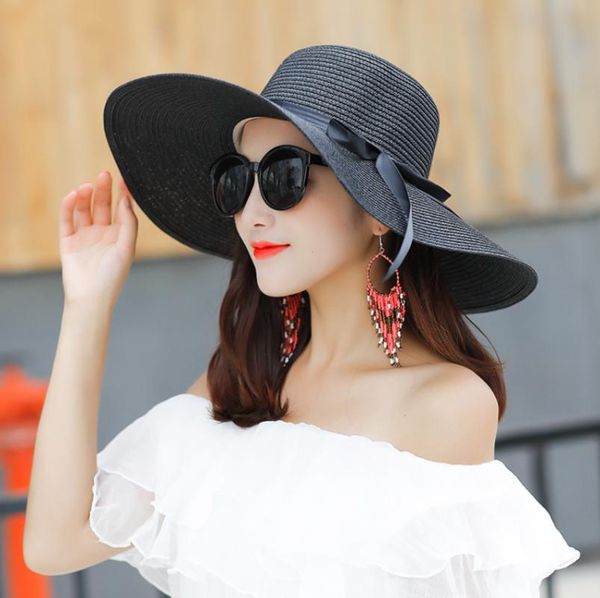 

summer women sun-proof hat portable folding straw hat with large brim beach party sun, Blue;gray