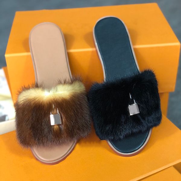 

designer slippers women slides lock it flat mules leather rubber soles mink fur sandals outdoor beach flip flops 10 colors slippers eu42, Black