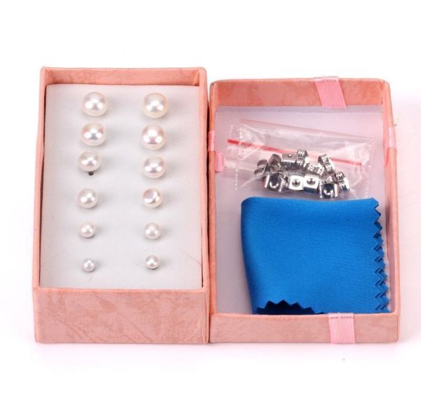 

luxusteel pink/white freshwater pearl stud earring sets stainless steel 6pairs/boxes earrings for women pendientes mujer01, Golden;silver