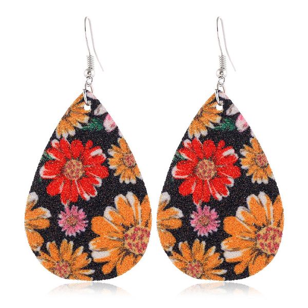 

pu leather glitter sparkly oval earrings fashion bohemian dangle drop earring sunflower print dangle earrings jewelry for women d9208, Silver