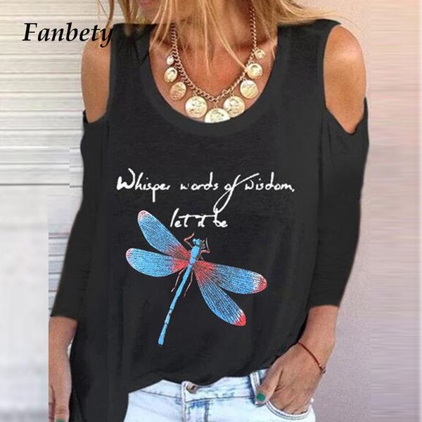 

off shoulder dragonfly letter print blouse shirts lady casual o-neck long sleeves 2020 fashion women blusas streetwear, White