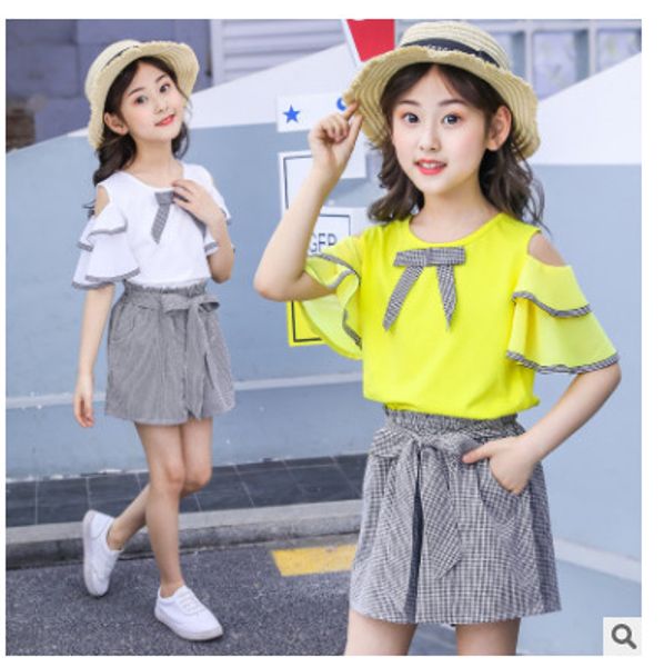 

летние девушки комплекты две пьесы детская одежда set t рубашка брюки плед детская одежда 4 5 6 7 8 9 10 11 12 13 14 years, White