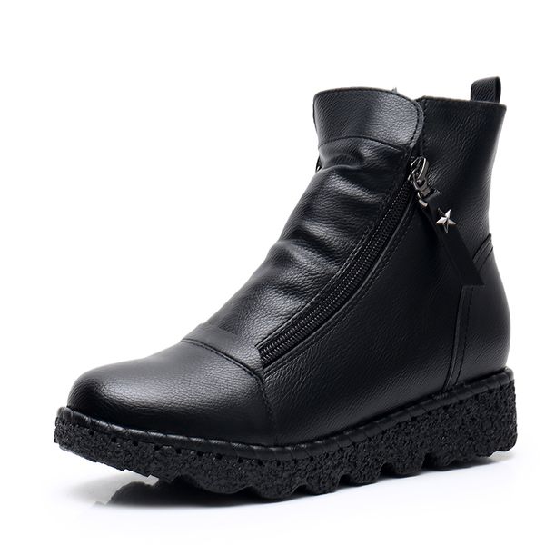 

eie ankle boot soft pu leather women boots double zip warm thick fur winter boots large size ladies, Black