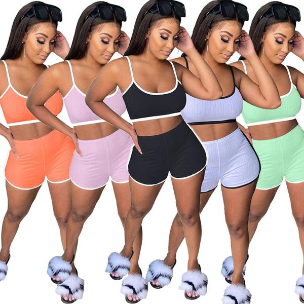 

sweet girl biker shorts sports tracksuits pit fabric spaghetti strap backless sleeveless crop short pants two-piece set, Gray