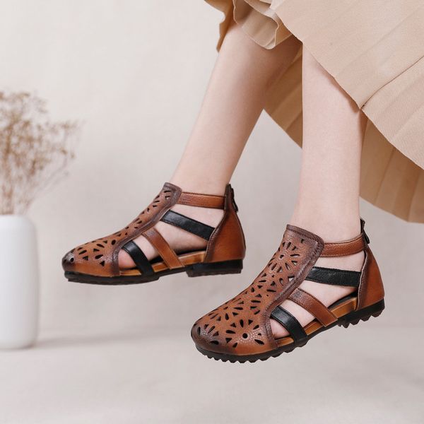 

genuine leather round toe female flat soft bottom handmade woman sandals original summer 2020 new hole ladies flat sandals shoes, Black