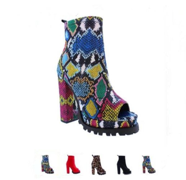 

autumn/winter new 2020 new women's zipper snake pattern waterproof platform high-heeled thick-soled open toe low-tube boots, Black