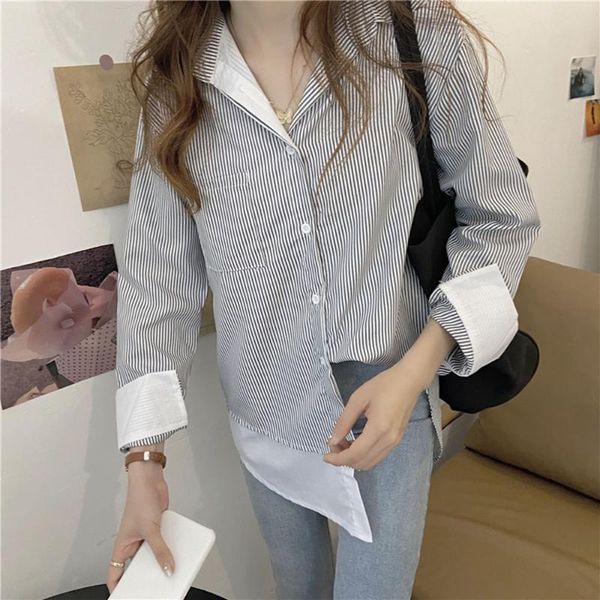 

women's blouses & shirts all-match loose blouse striped long-sleeved shirt casual women lapel splicing straight korean style simple, White