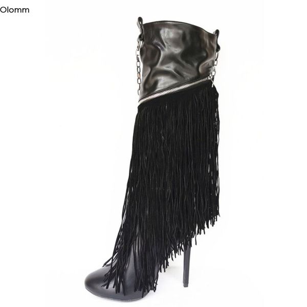 

olomm 2020 new handmade women winter knee high boots fringe stiletto heels round toe elegant black shoes women plus us size 5-15