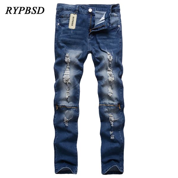 

new men's knee zipper hole ripped jeans for men skinny casual pants slim pencil stretch nightclub hip hop jean trousers 6 colors, Blue