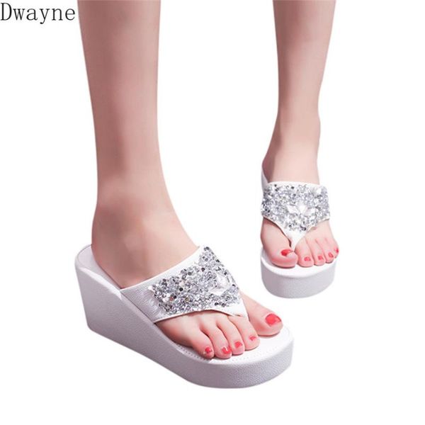 

sandals women wear 2020 summer new fashion rhinestone slope with thick bottom casual flip-flops, Black