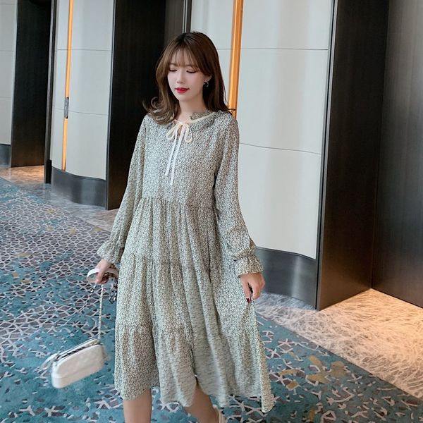 

casual dresses qiu han edition dress neckline bind charge model of spot film ~ waist long-sleeved floral chiffon, Black;gray
