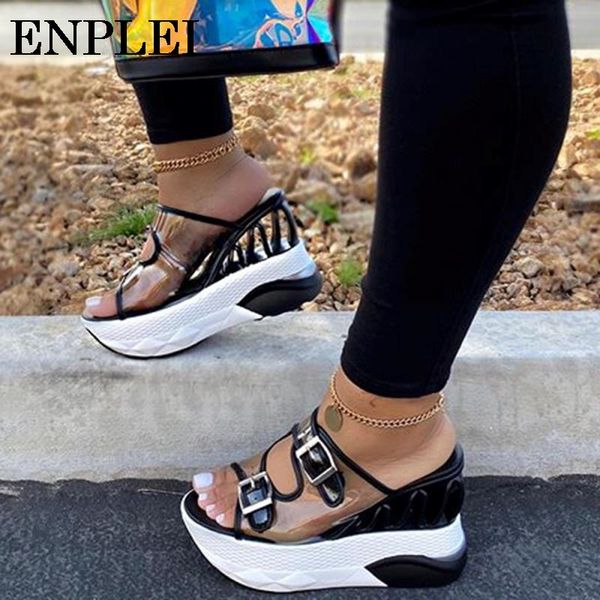 

enplei women sandals summer outdoor casual beach slippers pvc ladies flats super high female flip flops transparent size 35-43, Black