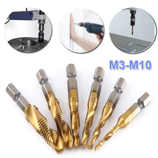 

6pcs 1/4 hex shank metric thread m3-m10 titanium coated hss drill and tap bits