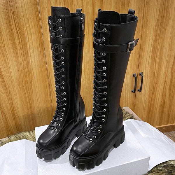 

roman lace-up fashion long boots women shoes autumn round toe pu women knee-high boots rubber thick heels female knight boots, Black