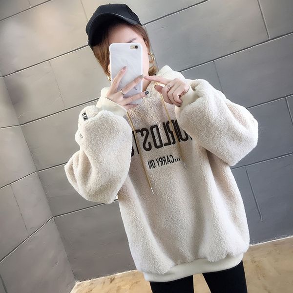 

hooded lamb fur sweater 2020 autumn and winter pullover korean style loose bf letter embroidery fleece thickened coat pullover wool coat woo, Black