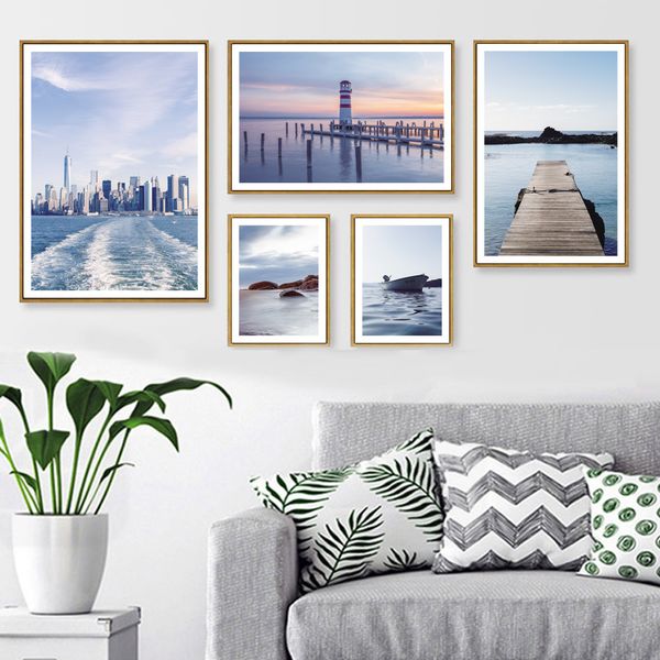 

wooden bridge lighthouse sea beach boat wall art canvas painting nordic posters and prints wall pictures for living room decor