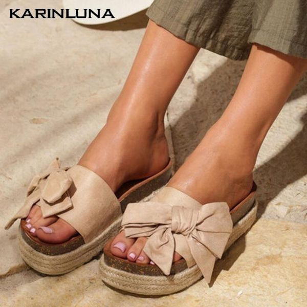 

karin 2020 new fashion largee size 43 flock women sandals flat with platform butterfly-knot summer outside women slides, Black
