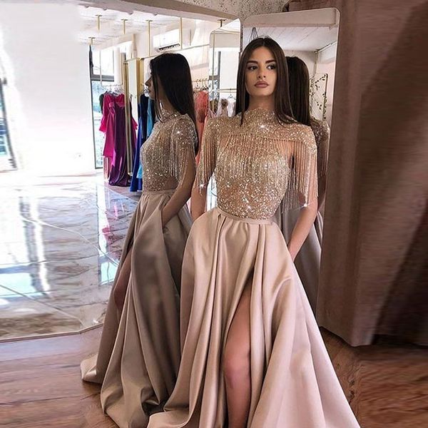 Dubai Árabe Blush Vestido 2020 Two Way Wear Side Dividir Pockets Handmade Beads lantejoulas Tassel formal do partido do baile de finalistas do vestido real