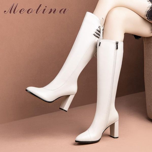 

boots meotina winter knee high women natural genuine leather chunky heel long bow zipper super shoes lady 34-39, Black