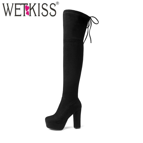 

wetkiss big size 34-43 women over knee boot flock stretch thigh high boot thick high heels winter platform shoes lady, Black