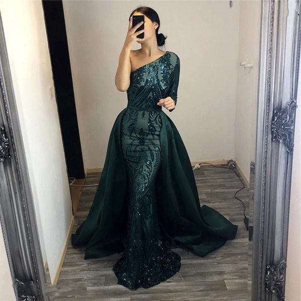 

hunter overskirts evening dresses with detachable train one shoulder sequined appliques long sleeves mermaid prom dress real images vestidos, Black;red