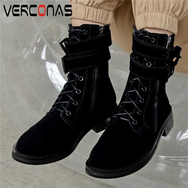 

verconas cool popular women mid-calf boots buckle autumn new shoes woman genuine leather casual cross-tied low heels zip boots, Black