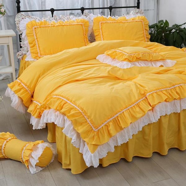 

bedding sets ruffles embroidered luxury lace princess yellow set korean pure cotton ropa de cama bed skirt yyx