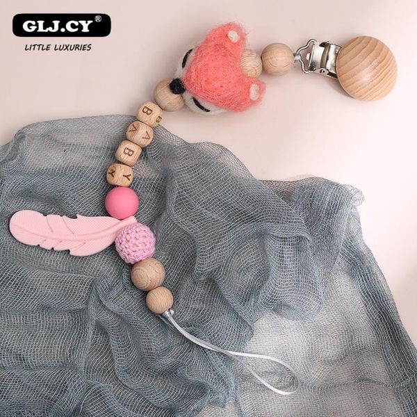 

feather pacifier beech handmade name safe teething gifts personalized holder teethe chains clips chain baby krksi
