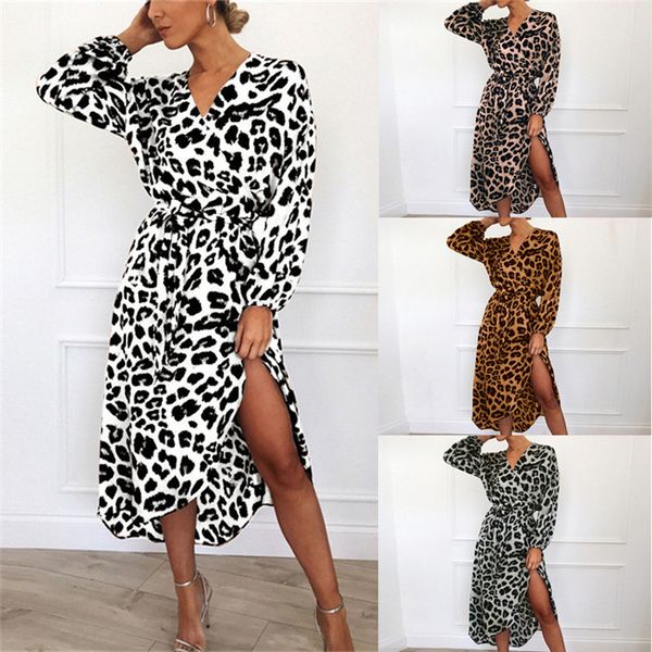 

high waist leopard dress women chiffon long beach dress casual long sleeve v-neck split party dresses vestidos de fiesta, White;black