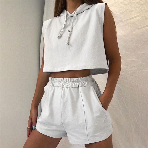 

sleeve hooded pullover sport tees ladies loose solid clothes women exposed navel short tshirt short, White