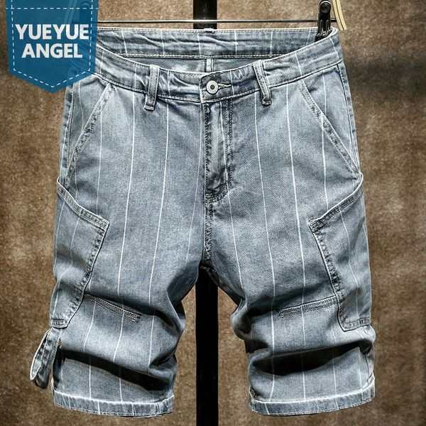

men's jeans light blue striped denim shorts mens 2021 summer fashion style vintage streetwear knee length casual straight cargo short