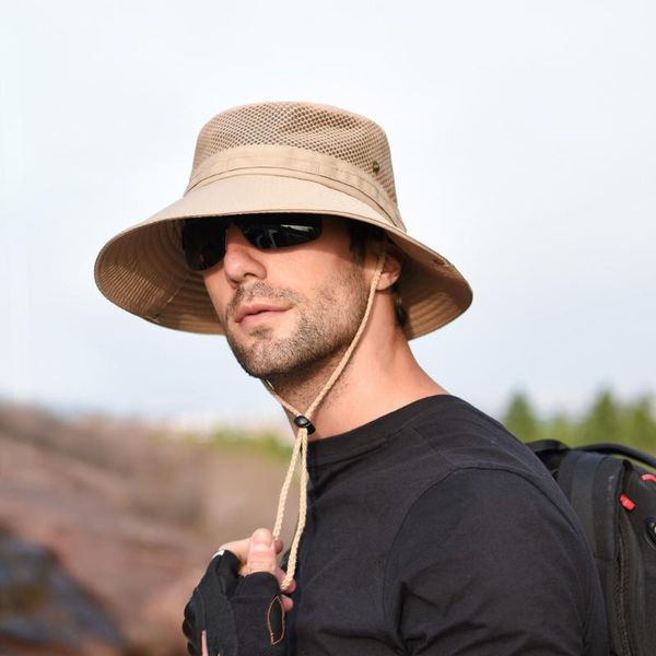 

men's beach summer outdoor sun hat protection bucket mesh boonie hat solid adjustable fishing cap man, Blue;gray