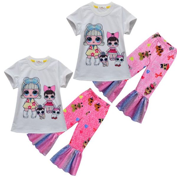 

2020 new girls suits cartoon girls outfits cotton short sleeve t shirt+flared trousers 2pcs/set little girls clothes, White
