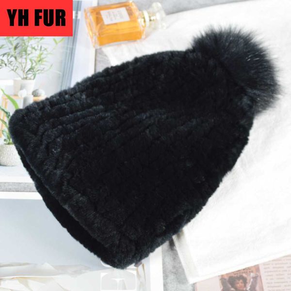 

beanie/skull caps 2021 winter russian natural rex fur hat women elasitc warm handmade knitted real hats pompoms beanies cap, Blue;gray