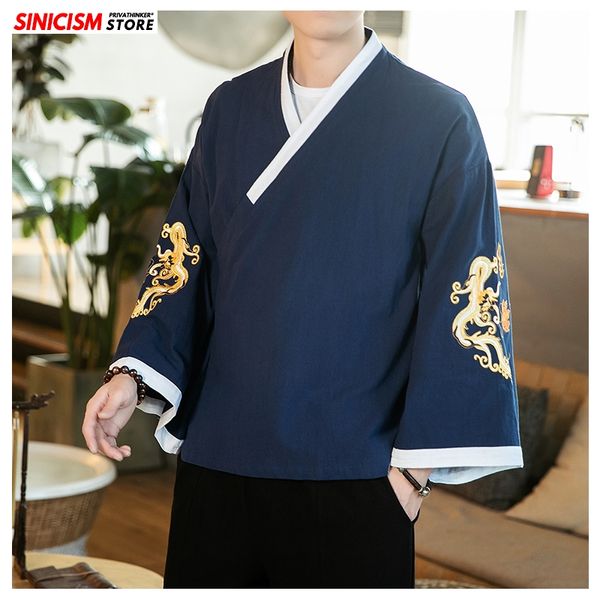 

sinicism store 2020 mens spring embroidery jackets men chinese style casual belt loose jacket male vintage coat oversize clothes, Black;brown