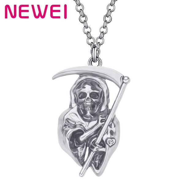 

newei halloween alloy plated antique gold grim reaper necklace aesthetic long pendant jewelry for women girls teen novelty gift, Silver