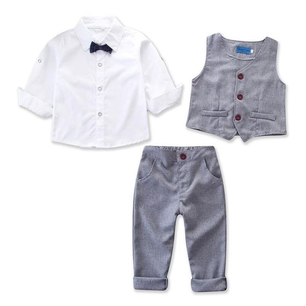 

boys wedding suits kids clothes toddler formal suit children's wear grey vest shirt + trousers outfit baby clothes, White
