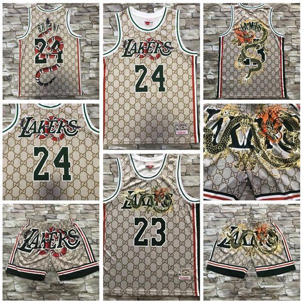 

men's basketball los angeles lakers 24 bryant 23 james new transfer mitchell&ness snake and dragon jersey pants, Black;red