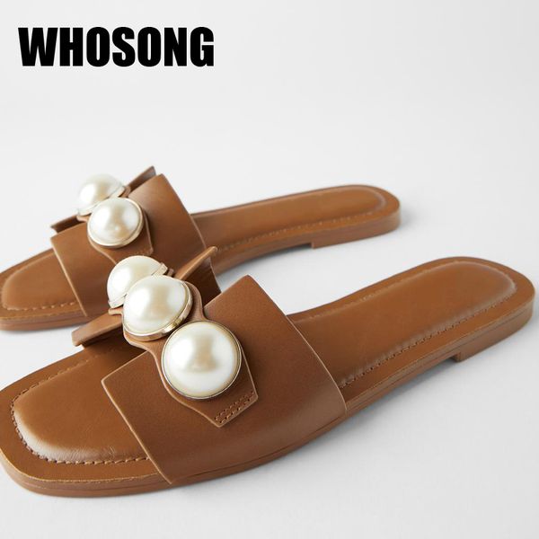 

new summer women slippers girls pearl slides woman outside shoes ladies pu leather flats female brown brand slides casual mules, Black