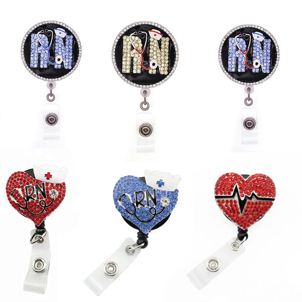 

red ekg heart red enamel round circle shape rn blue yellow rhinestone crystal name retractable badge reel badge reel, Silver