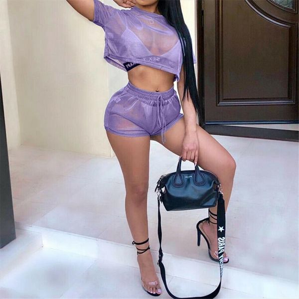 

summer women two piece set outfits mesh crop shorts solid color track suit women streetwear plus size clothes womens sets, Gray
