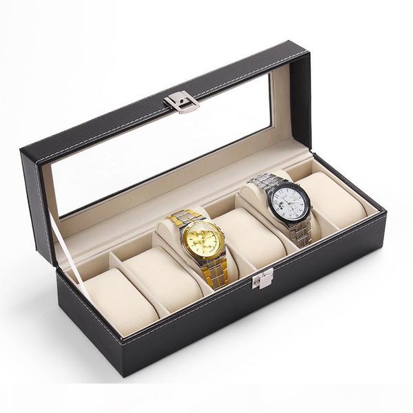 

1pcs 6 grid black leather watch display slot case box jewelry storage organizer, Black;blue