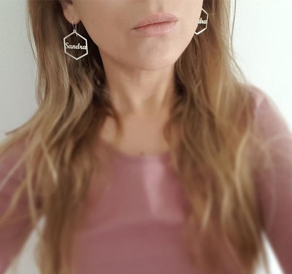 

1 pair personalized hexagon name earrings for women stainless steel custom any letters initials cursive nameplate jewelry01, Golden;silver