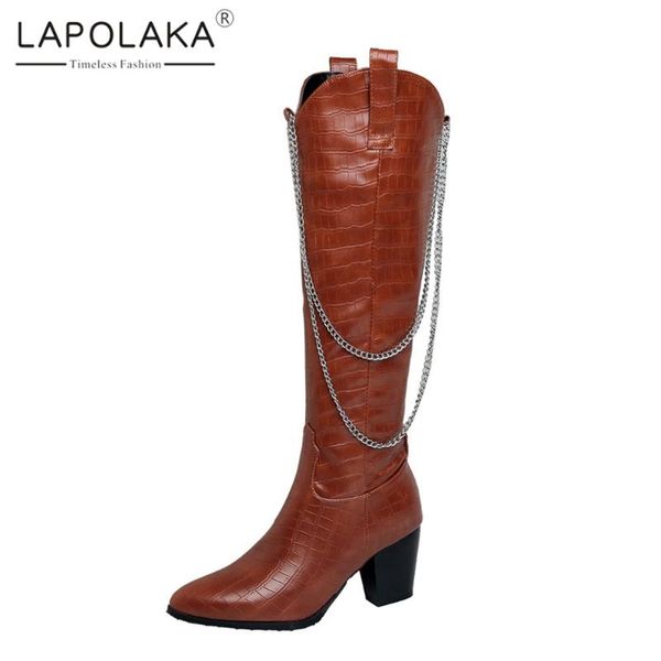 

lapolaka new fashion plus size 46 high heels mid calf boots women shoes zip up chain comfy pointed toe fashion boots female, Black