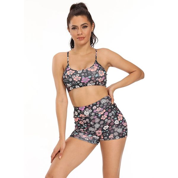 

женские спортивных костюм женских йог фитнес цветок печать топ шорты установить спортивную и сексуальные рукава спортивной одежды черного, White;red