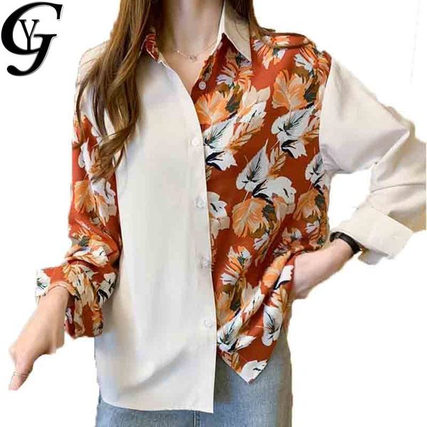 

2020 harajuku patchwork floral chiffon shirt women elegant blouse vintage turn down collar casual long sleeve camisas de mujer, White