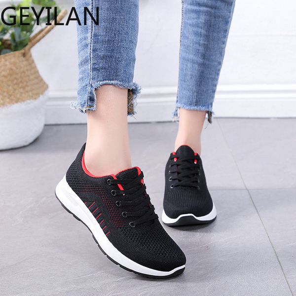 

knitted elastic mesh flat breathable sneakers women 2020spring autumn fashion gingham lace-up female shoes concise running shoes, Black